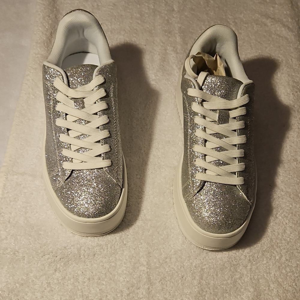 J.Adams Hero Fine Silver Glitter Lace Up Women's Sneakers Athletic Shoes Low Top